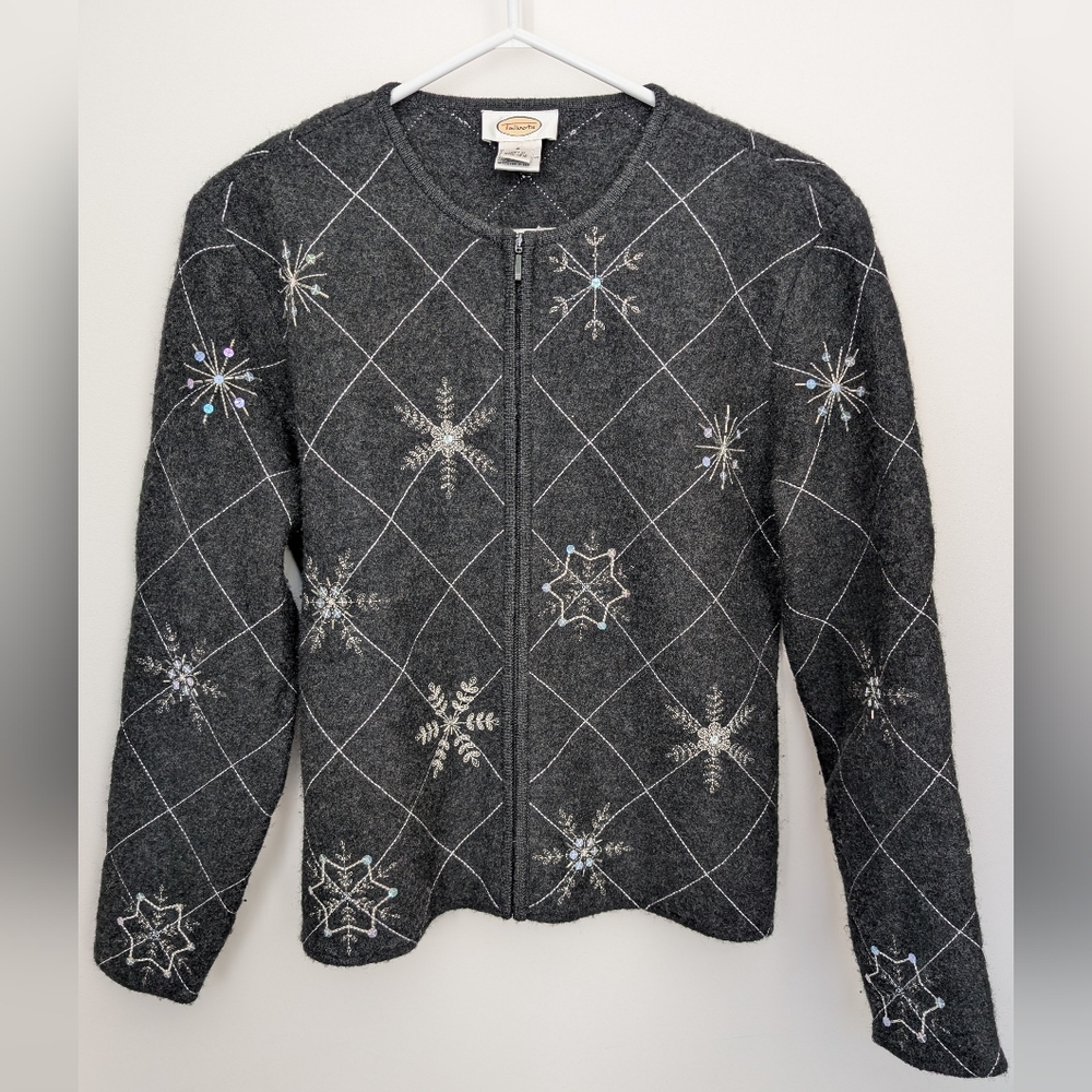 Talbots Gray 100% Wool Snowflake Sweater Vintage Size Small